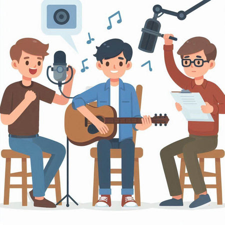 Radio host with a microphone and a singer. Flat vector illustration.のイラスト素材