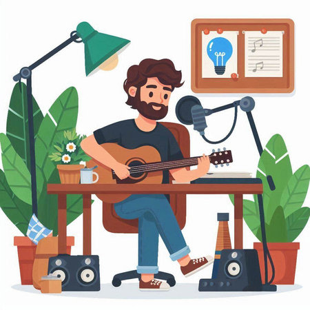 Man playing guitar and singing. Musician at home. Vector illustrationのイラスト素材