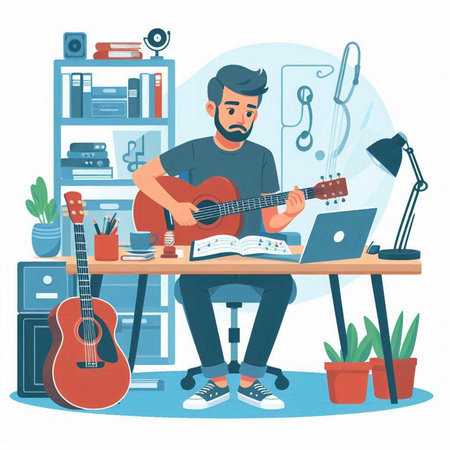 Man playing guitar at home, flat vector illustration. Musician working at home.のイラスト素材