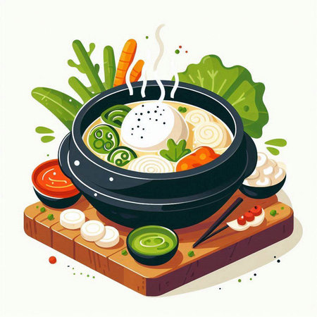 Illustration of a hot pot with vegetables and meat. Vector illustration.のイラスト素材