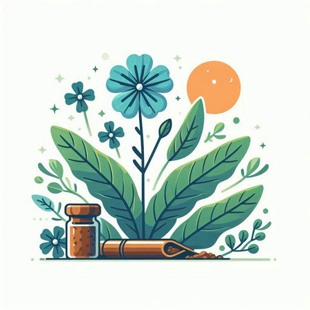 Flowers, leaves and bottle of medicine. Flat vector illustration.のイラスト素材