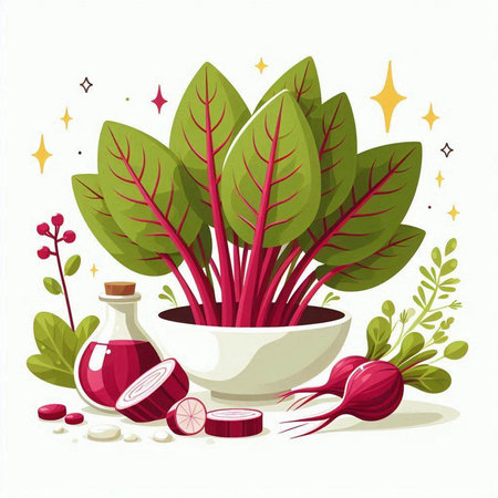 Vector illustration of beetroot in a bowl with herbs and spices.のイラスト素材