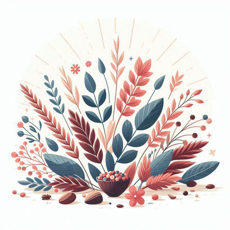 Floral decorative composition with hand drawn flowers and leaves. Vector illustration.のイラスト素材