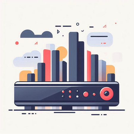 Vector illustration of a computer with graph and chart in flat style.のイラスト素材