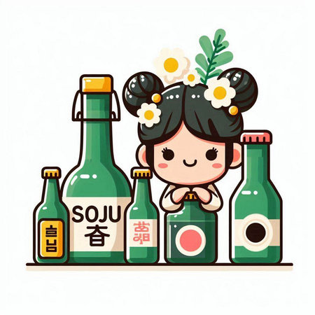 Japanese girl and bottles of sake. Vector illustration in cartoon style.のイラスト素材