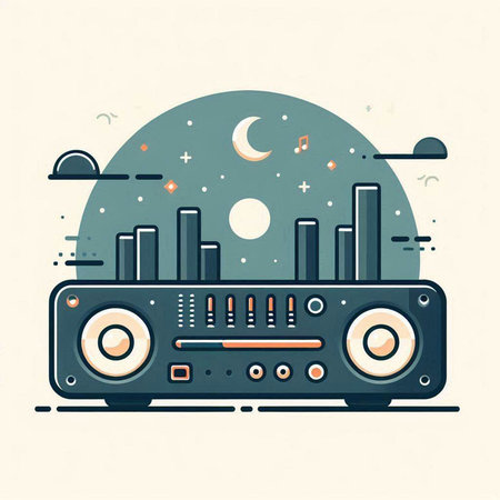 Vector illustration of cool retro radio in flat design style with moon and stars.のイラスト素材