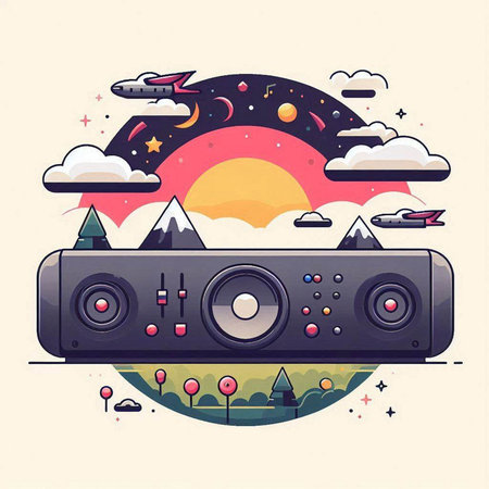 Vector illustration of music speaker in flat style with clouds, sun and moon.のイラスト素材