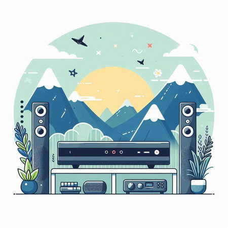 Vector illustration of home audio system with mountains and birds. Flat style.のイラスト素材