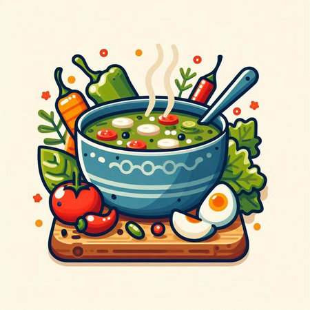 Vegetable soup in bowl with vegetables and eggs. Vector illustration.のイラスト素材