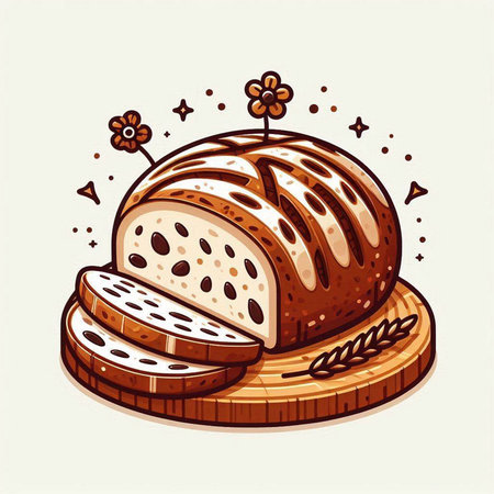 Sliced loaf of bread on a wooden board. Vector illustration.のイラスト素材