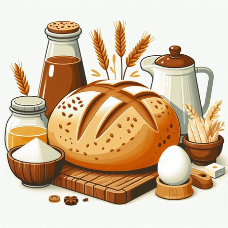 Illustration of a loaf of bread, wheat, eggs, milk and spicesのイラスト素材