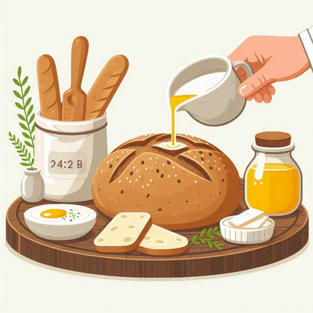 Illustration of a loaf of bread with cheese, eggs and milkのイラスト素材