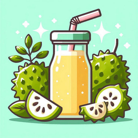 Soursop fruit juice in glass bottle with straw. Vector illustration.のイラスト素材