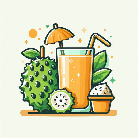 Cocktail and fruits. Vector illustration of a glass of juice with a straw.のイラスト素材