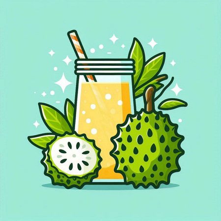 Soursop juice in a glass with a straw. Vector illustration.のイラスト素材