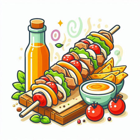 Shish kebab on skewers with sauce. Vector illustration.のイラスト素材