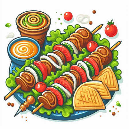 Grilled kebab on skewers with vegetables and sauce. Vector illustrationのイラスト素材