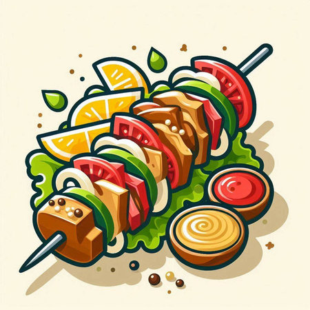 Shish kebab on skewers with vegetables. Vector illustration.のイラスト素材