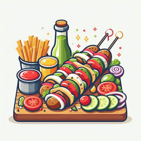 Vector illustration of grilled skewers with vegetables and sauce on wooden boardのイラスト素材