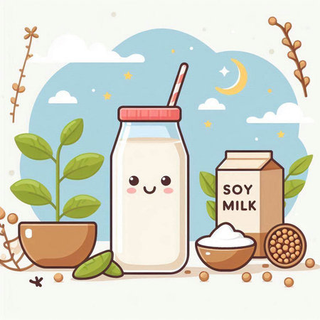 Milk bottle and ingredients. Vector illustration in flat style. Cartoon character.のイラスト素材