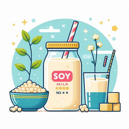 Soy milk and soybean milk in a bottle. Vector illustration.のイラスト素材