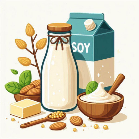 Milk products. Vector illustration of a bottle with milk and ingredients.のイラスト素材