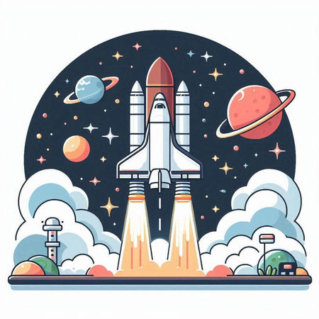 Rocket launch from space. Vector illustration in flat cartoon style on white background.のイラスト素材
