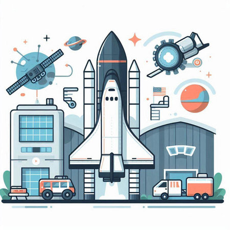 Vector illustration of rocket and spaceship on white background. Modern flat line art design for web, site, advertising, banner, poster, board and print.のイラスト素材
