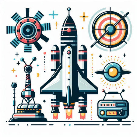 Vector illustration of space exploration concept in flat line art style. Rocket, spaceship, radar, binoculars, steering wheel, radio.のイラスト素材