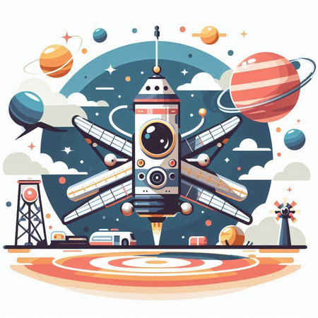 Cartoon space rocket. Spaceship on a background of planets and stars. Vector illustrationのイラスト素材