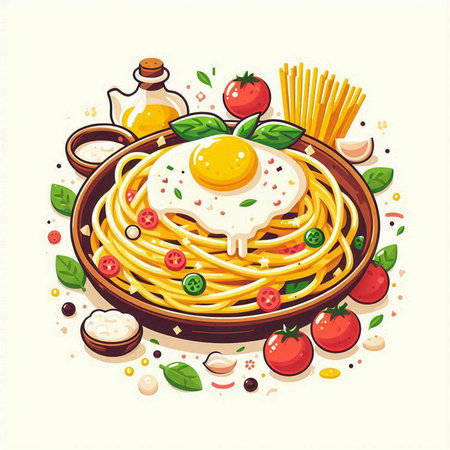 Spaghetti with fried egg, tomatoes and basil. Vector illustration.のイラスト素材