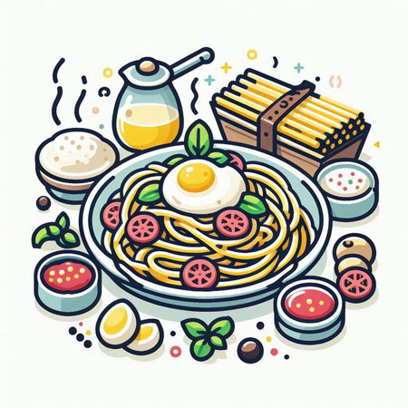 Spaghetti with tomato sauce, egg, cheese and basil. Vector illustration.のイラスト素材