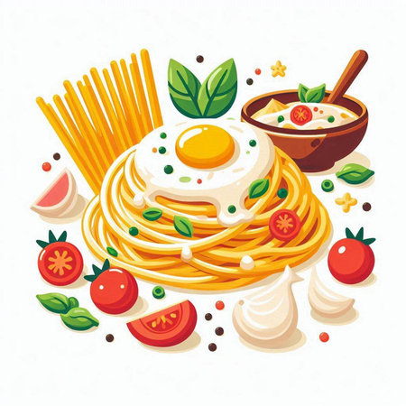 Spaghetti with fried egg, tomato and basil. Vector illustration.のイラスト素材
