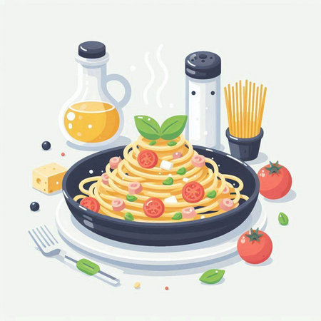 Spaghetti with tomato sauce, cheese and basil. Vector illustration.のイラスト素材