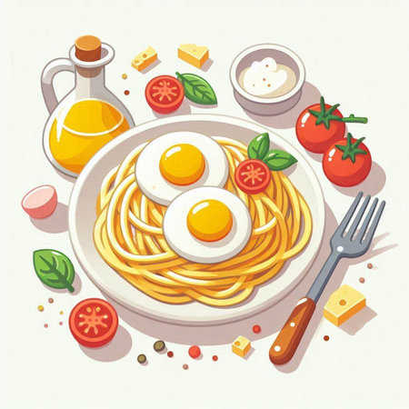 Spaghetti pasta with fried eggs and tomato sauce. Vector illustration.のイラスト素材