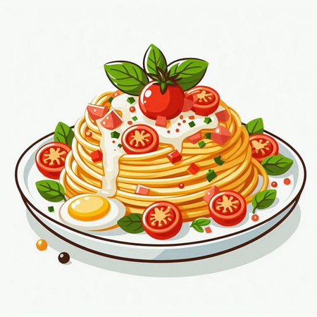 Spaghetti with tomato sauce, egg and basil. Vector illustration.のイラスト素材