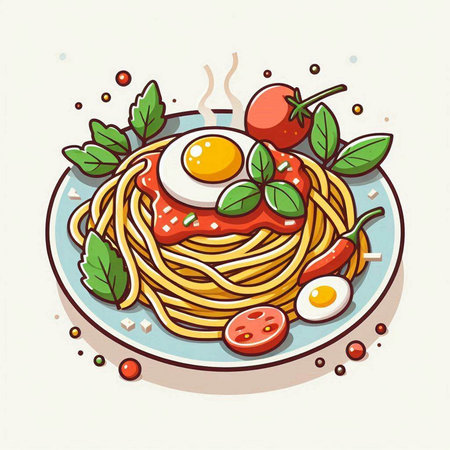 Spaghetti with tomato sauce and egg on plate. Hand drawn vector illustration.のイラスト素材