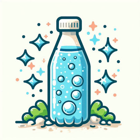 Bottle of water with bubbles and stars. Vector illustration in cartoon style.のイラスト素材