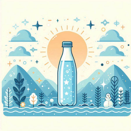 Vector illustration of a bottle of water on the background of winter landscape.のイラスト素材
