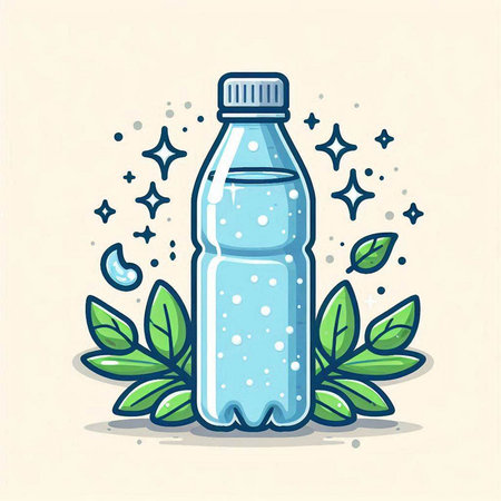 Bottle of water with green leaves and stars. Vector illustration.のイラスト素材