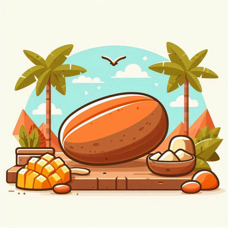 Cocoa fruit on the beach with palm trees. Vector illustrationのイラスト素材