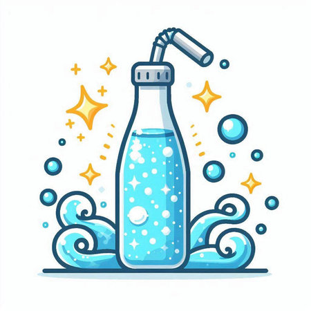 Bottle of water with bubbles and stars. Vector illustration in cartoon styleのイラスト素材