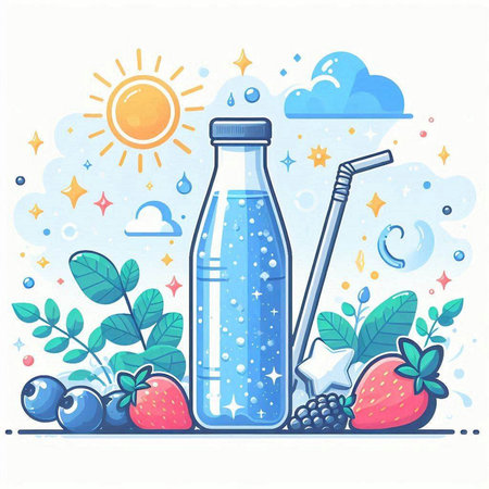 Vector illustration of a bottle of smoothie with berries, sun and clouds.のイラスト素材