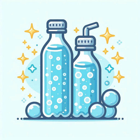 Set of bottles with water and bubbles. Vector illustration in flat styleのイラスト素材