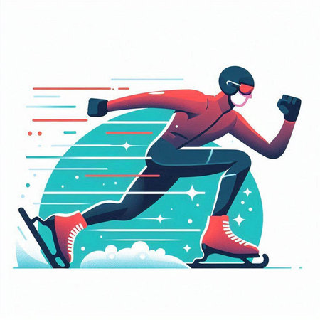 Winter sports, speed skating. Vector illustration of a man in a red suit ice skating on the ice.のイラスト素材