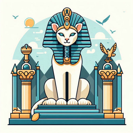 Egyptian Sphinx on the background of the ancient temple. Vector illustrationのイラスト素材
