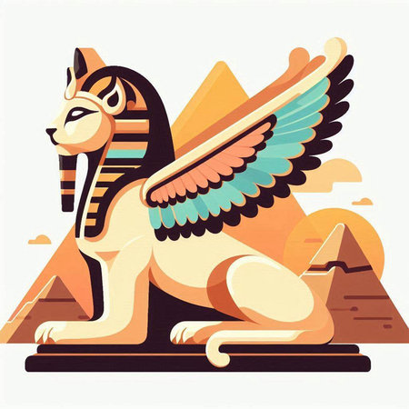 Egyptian Sphinx with Egyptian pyramids in background. Vector illustrationのイラスト素材