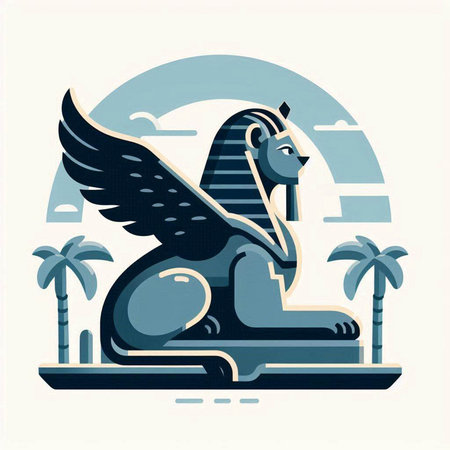Sphinx and palm trees. Vector illustration in flat style.のイラスト素材