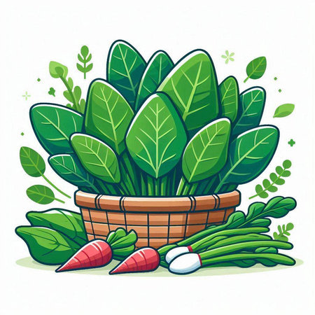 Illustration of fresh green leaves in a basket. Vector illustration.のイラスト素材