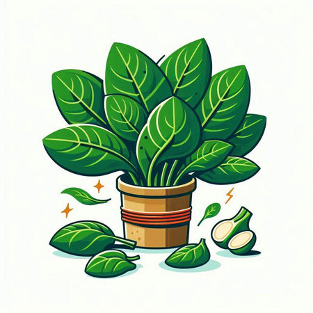 Illustration of green spinach in a pot on a white background.のイラスト素材
